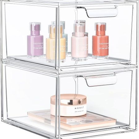 2 Pack Stackable Makeup Organizer and Storage, Acrylic Organizers，Clear Plastic Storage Drawer with Handles for Vanity, Undersink, Kitchen Cabinets, Pantry