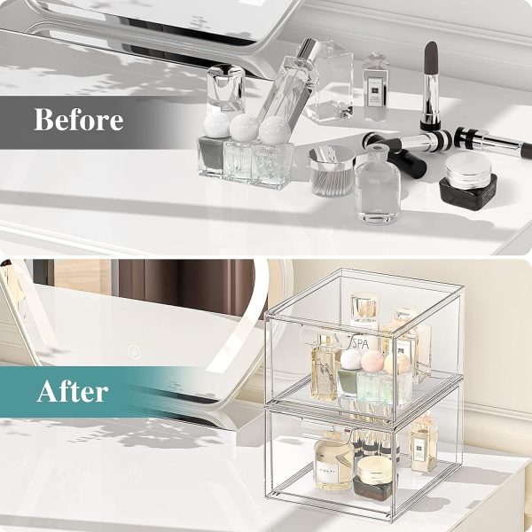 2 Pack Stackable Makeup Organizer and Storage, Acrylic Organizers，Clear Plastic Storage Drawer with Handles for Vanity, Undersink, Kitchen Cabinets, Pantry - Image 4