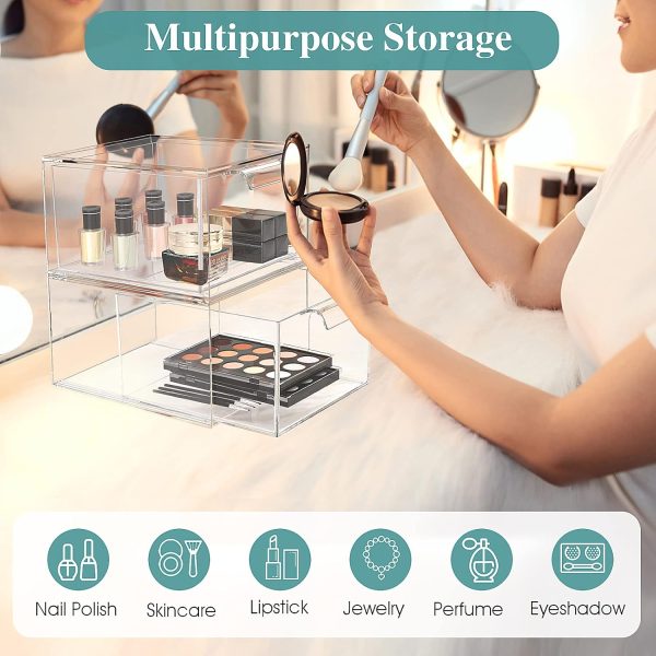 2 Pack Stackable Makeup Organizer and Storage, Acrylic Organizers，Clear Plastic Storage Drawer with Handles for Vanity, Undersink, Kitchen Cabinets, Pantry - Image 5