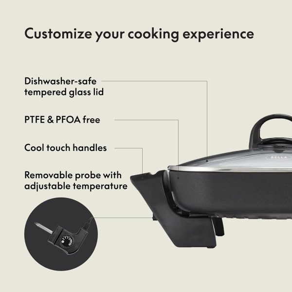 BELLA Electric Skillet and Frying Pan with Glass Lid, Nonstick Coating, Cool Touch Handles, Removable Heating Probe, Dishwasher Safe, 12 x 12 inch, Copper - Image 3