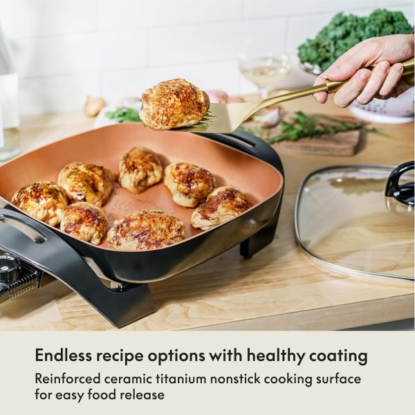 BELLA Electric Skillet and Frying Pan with Glass Lid, Nonstick Coating, Cool Touch Handles, Removable Heating Probe, Dishwasher Safe, 12 x 12 inch, Copper - Image 4