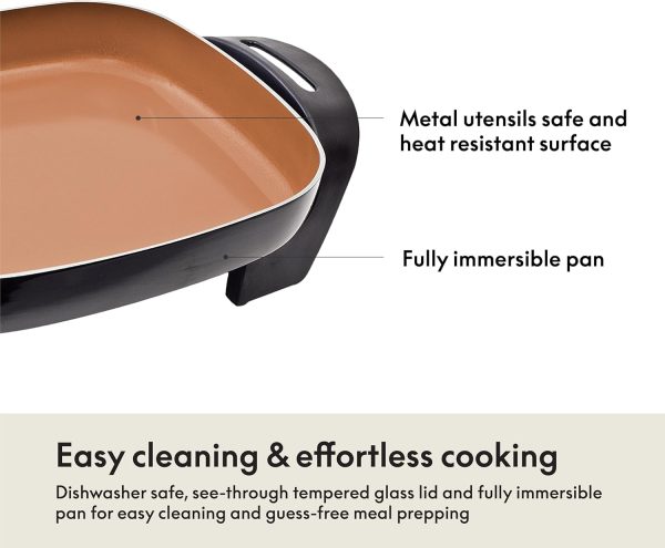 BELLA Electric Skillet and Frying Pan with Glass Lid, Nonstick Coating, Cool Touch Handles, Removable Heating Probe, Dishwasher Safe, 12 x 12 inch, Copper - Image 5