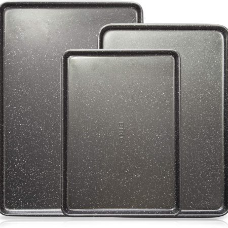 BINO Bakeware Nonstick Cookie Sheet Baking Tray Set 3-Piece - Speckled Gunmetal | NonStick Baking Pans Set | Carbon Steel Tray Bakeware Sets | Oven Safe Baking Set | Cookie Sheet Pans | Food-Safe Tray