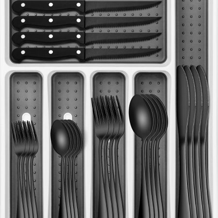 Black Silverware Set, Umite Chef 49-Piece Flatware Set with Drawer Organizer, Durable Stainless Steel Cutlery Set for 8, Tableware Eating Utensils with Steak Knives for Home Restaurant