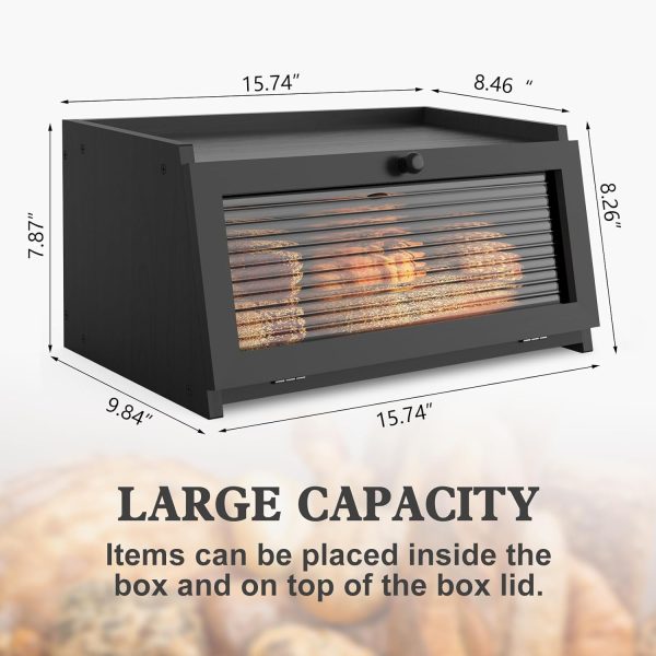 Bread Box for Kitchen Countertop Large Bread Box Farmhouse Bread Container Bread Storage with Window Bread Holder Black - Image 3