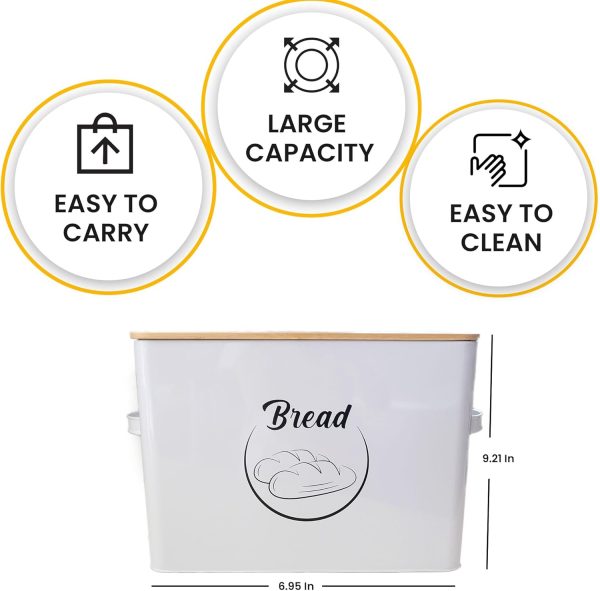 Bread Box | White Farmhouse Bread Box for Kitchen Countertop | Bread Storage Bin Container | Metal Bread Keeper | Vintage Bread Box with Lid & Easy Handle Grip | Bread Container | White - Image 2
