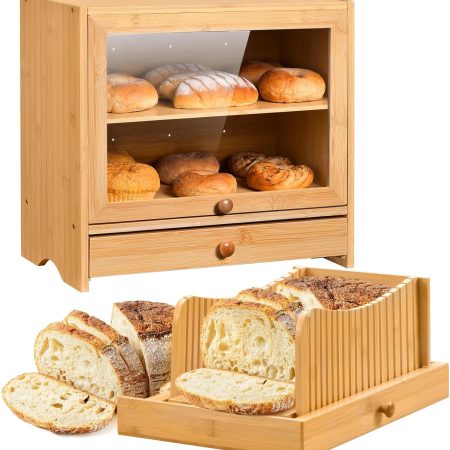 Bread Box with Bread Slicer, Bamboo Bread Box for Kitchen Countertop, Double Layer Corner Bread Box for Homemade Bread, Bread Box with Window, Wooden Homemade Bread Storage, Pantry Counter Corner