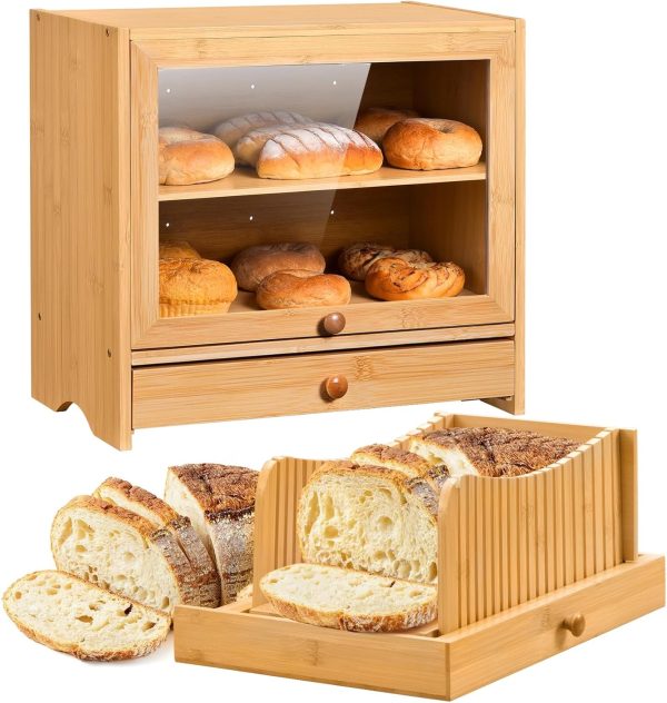 Bread Box with Bread Slicer, Bamboo Bread Box for Kitchen Countertop, Double Layer Corner Bread Box for Homemade Bread, Bread Box with Window, Wooden Homemade Bread Storage, Pantry Counter Corner