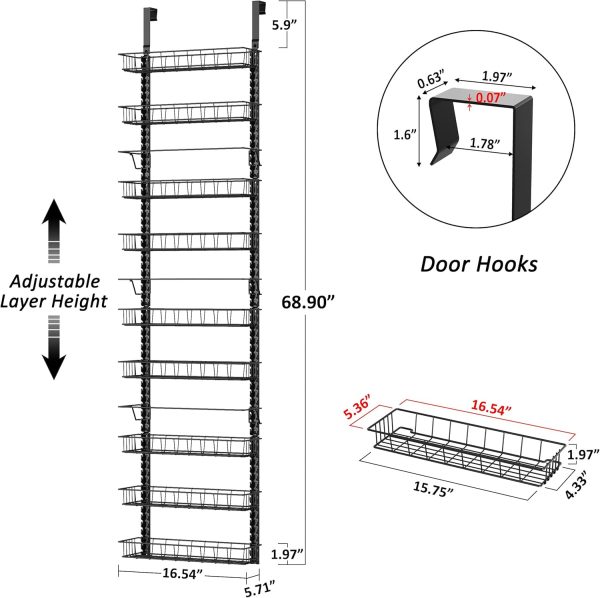 Churboro Over the Door Pantry Organizer Rack with 9 Adjustable Baskets, 9 Tiers Dual-use Hanging or Wall Mount Spice Rack Organizer, Black - Image 2