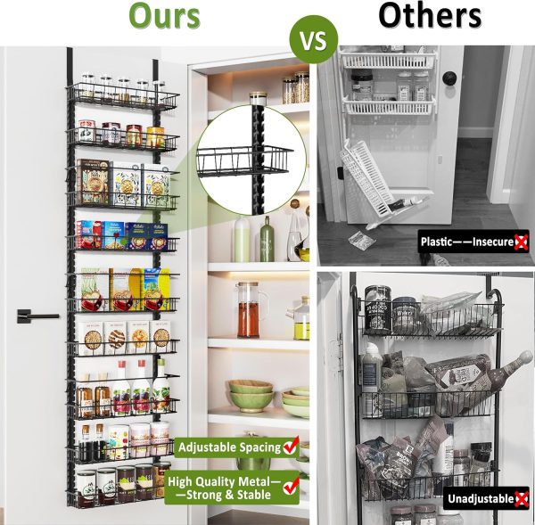 Churboro Over the Door Pantry Organizer Rack with 9 Adjustable Baskets, 9 Tiers Dual-use Hanging or Wall Mount Spice Rack Organizer, Black - Image 4