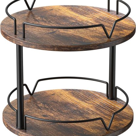 KLM 12" Wood Lazy Susan, Rotating Spice Rack, 2 Tier Spice Turntable Organizer, Industrial Turntable Spice Holder, for Kitchen Countertop and Cabinet, Compact and Versatile, Rustic Brown