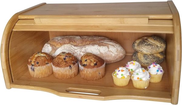 Large bread box bread basket wooden box storage boxes kitchen counter organizer, roll top breadbox. bread boxes for kitchen countertop. Bamboo wooden boxes. (Natural) - Image 4