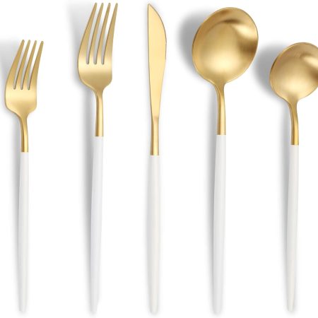 Matte White Gold Silverware Set for 6,Modern Stainless Steel Brushed Cutlery Set,30-Pieces Rustic Flatware Set,Knives Spoons and Forks Set Utensils Set, Satin Finish, Dishwasher Safe