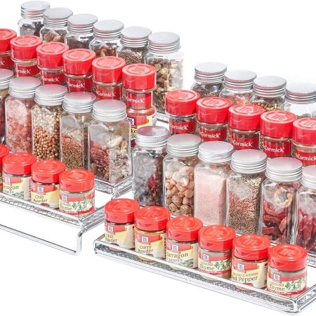 MEIQIHOME 4 Tier Expandable Spice Rack Organizer (11.4 to 22.8 Inch) Step Shelf Spice Storage Holder, for Kitchen Cabinet Countertop Cupboard Pantry, Metal, Chrome