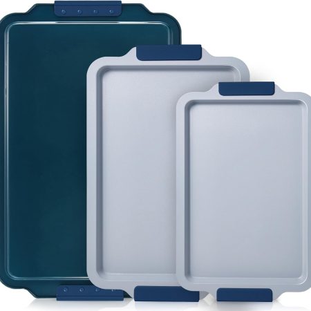 Non Stick Ceramic Baking Sheet Pan Set of 3, Natural Non Toxic Cookie Sheets for Baking - PFOA, PTFE Free, Heavy Duty Aluminized Steel Oven Trays for Cooking with Silicone Handles, Navy