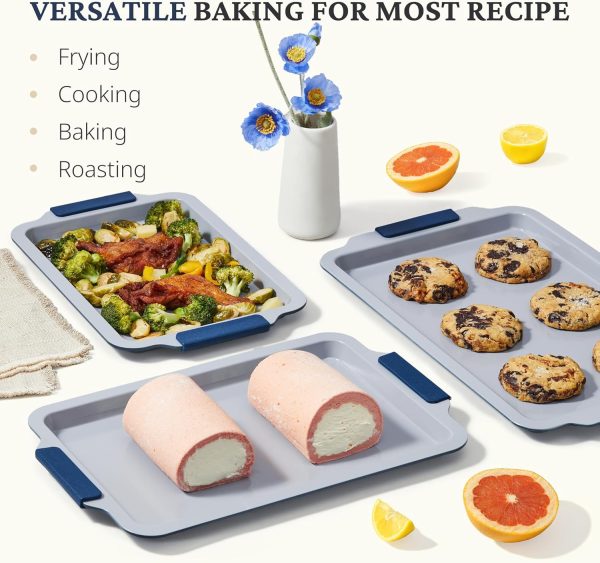 Non Stick Ceramic Baking Sheet Pan Set of 3, Natural Non Toxic Cookie Sheets for Baking - PFOA, PTFE Free, Heavy Duty Aluminized Steel Oven Trays for Cooking with Silicone Handles, Navy - Image 2