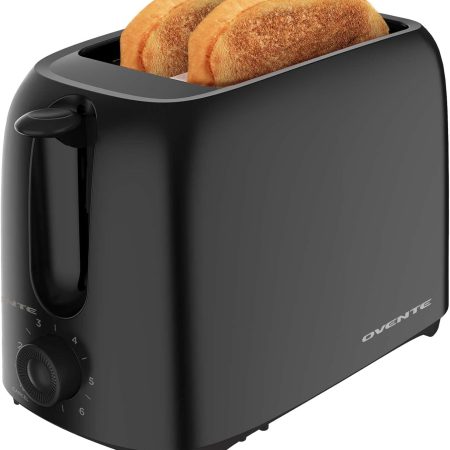 OVENTE Electric 2 Slice Toaster Machine with 6-Shade Toast Settings, 700W Power, Removable Crumb Tray and Compact Design Perfect for Toasting Bread, Bagels, Waffles and Puff Pastry, Black TP2210B