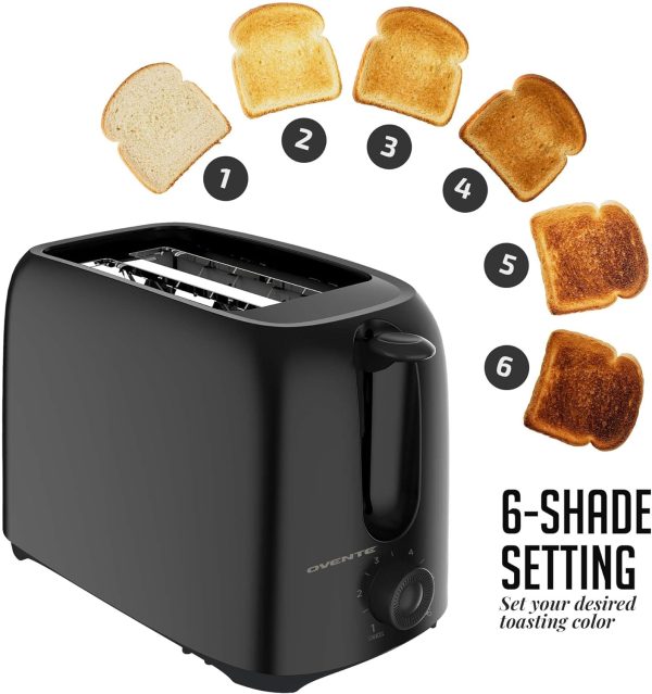 OVENTE Electric 2 Slice Toaster Machine with 6-Shade Toast Settings, 700W Power, Removable Crumb Tray and Compact Design Perfect for Toasting Bread, Bagels, Waffles and Puff Pastry, Black TP2210B - Image 2
