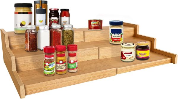Spice Rack Organizer, 3 Tier Expandable Bamboo Spice Rack Organizer, Great for Kitchen Cabinet, Cupboard, Pantry and More-Bamboo