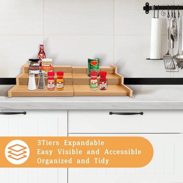Spice Rack Organizer, 3 Tier Expandable Bamboo Spice Rack Organizer, Great for Kitchen Cabinet, Cupboard, Pantry and More-Bamboo - Image 3